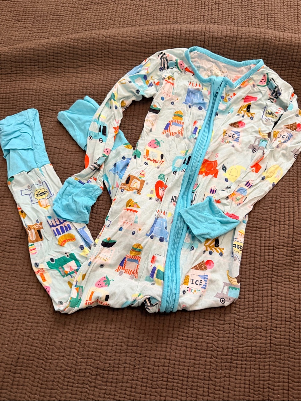 Little Sleepies Light Blue Zip-Up One-Piece Pajama food truck print